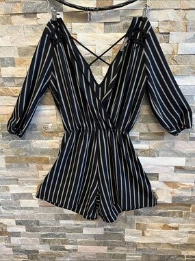 RAGS TO WISHES Striped V-Neck Black Romper with Crisscross Back